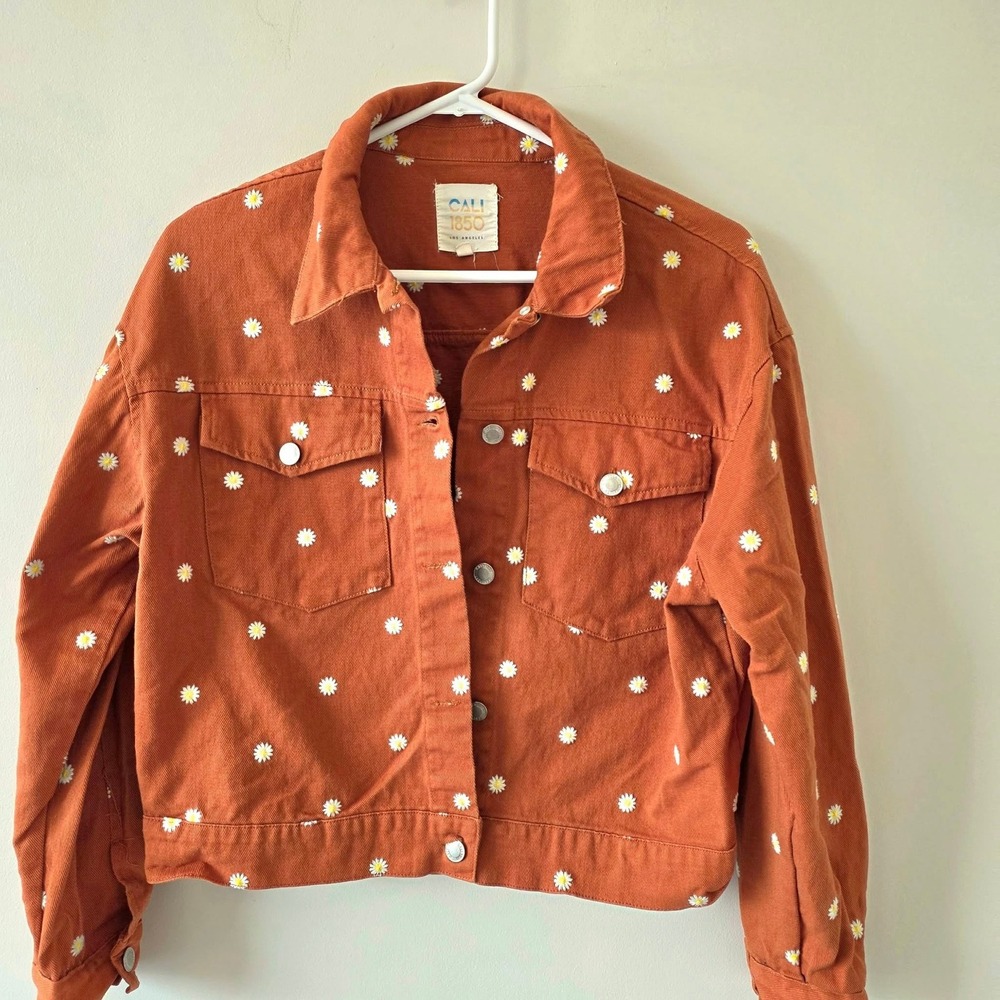 Cali 1850 Daisy Embroidered Denim Jacket M Rust Brown Cotton Floral Trucker - Picture 3 of 12